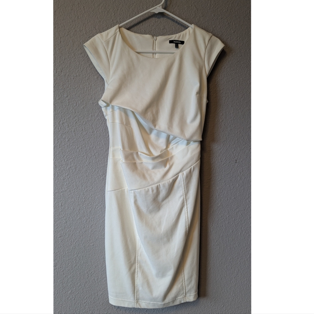 XOXO Charlotte Asymmetrical White Pencil Dress Sheath Cap Sleeves
